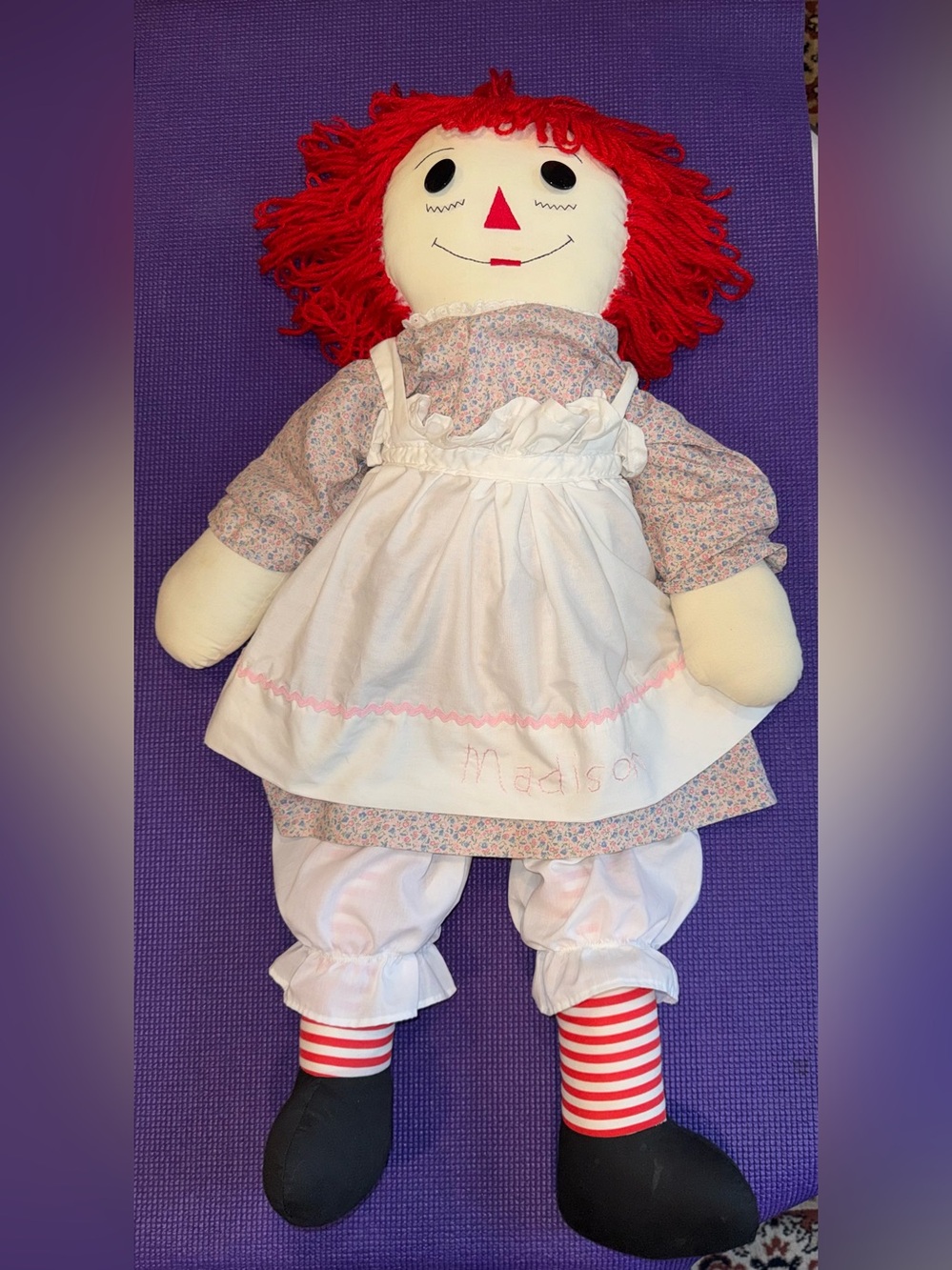 Handmade Raggedy Ann Doll with White Pinafore - Embroidered Name, Customizable